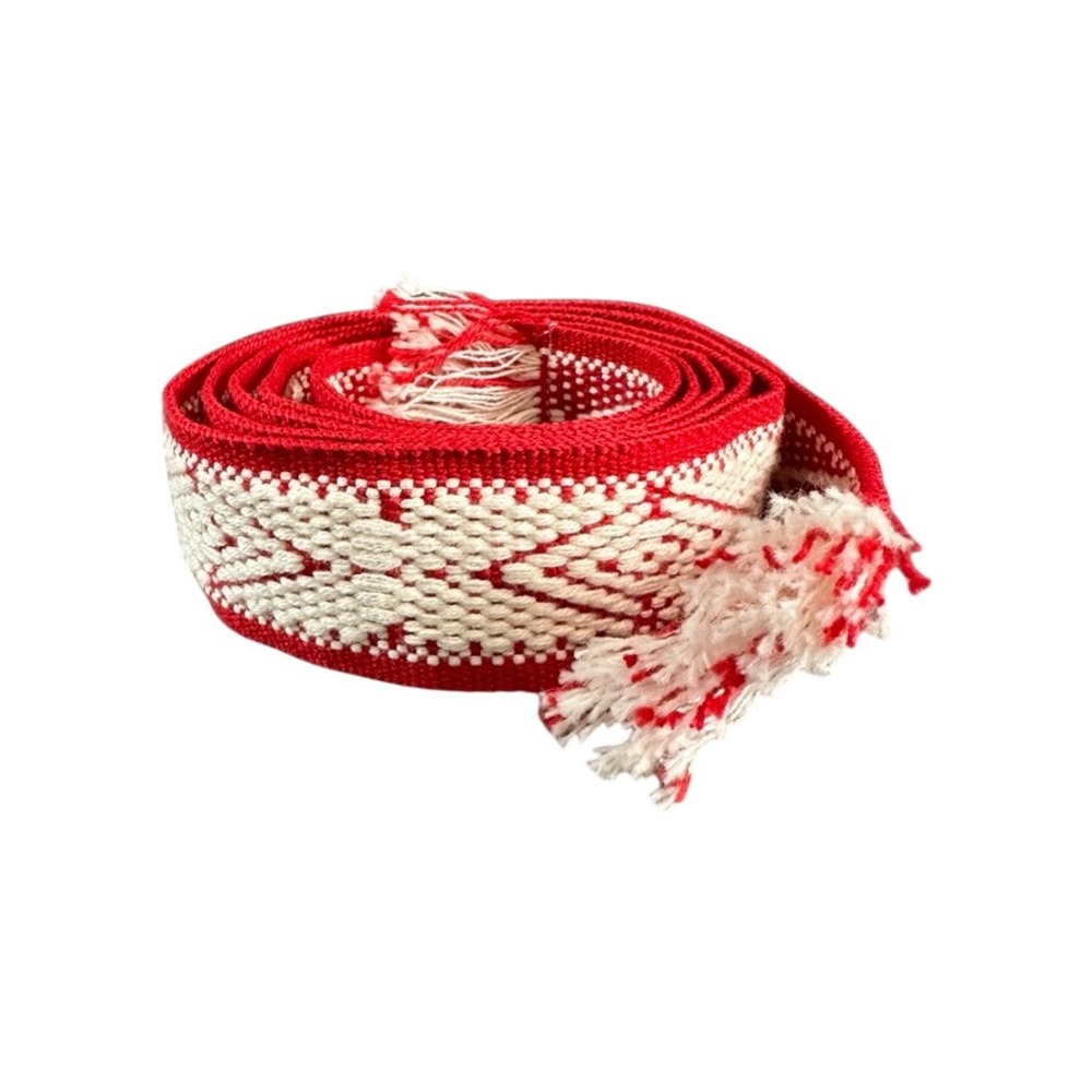 Bands of L.A. Woven Belt Red Cream Geometric Diamond Boho Fringe Handmade 56in